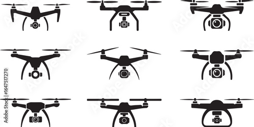 Drone Icons with Camera Designs in Black and White