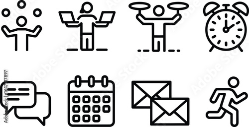 Isolated Set of Juggling, Laptop User, Dishes, Clock, Messages, Calendar Icons