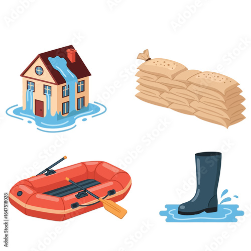 Flood disaster preparedness: house, sandbags, life raft, and boots illustrate flood prevention and rescue.