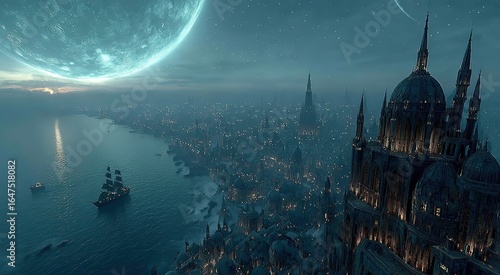 Black sky and blue glowing moon, floating city made of ancient ruins, a dark cinematic shot