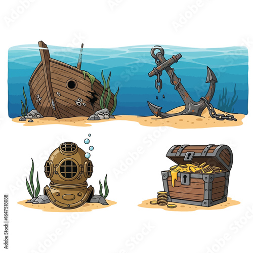 Sunken treasure ship, ancient anchor, diver's helmet, and gold-filled chest rest on the ocean floor.