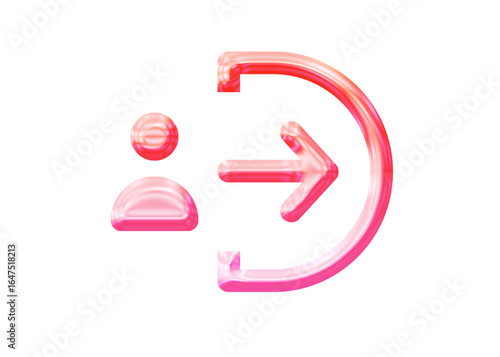 Glossy 3D logout icon with a vibrant glassmorphism effect - Y2K inspired jelly exit symbol with an arrow in pink