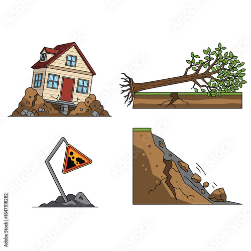 Illustrations depicting natural disasters, including a house, fallen tree, warning sign, and landslide.