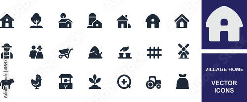 Village home solid vector icons featuring village homes and rural elements, ideal for farm, countryside, and traditional lifestyle designs in various creative projects.