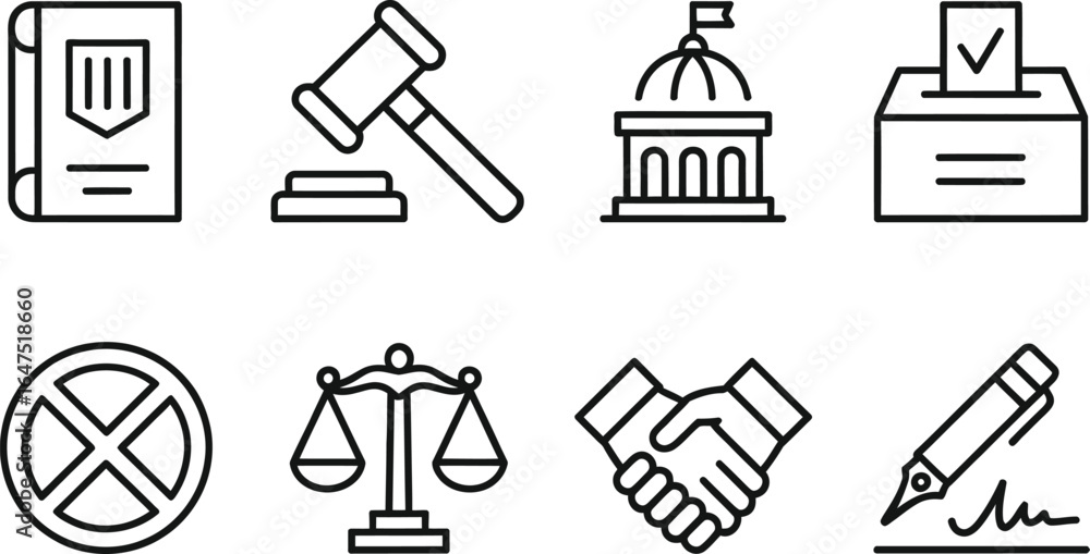 Fototapeta premium Law and Justice Outline Icon Set with Gavel, Scales, Handshake on Transparent Background
