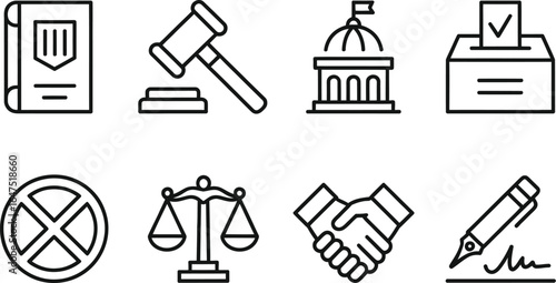 Law and Justice Outline Icon Set with Gavel, Scales, Handshake on Transparent Background