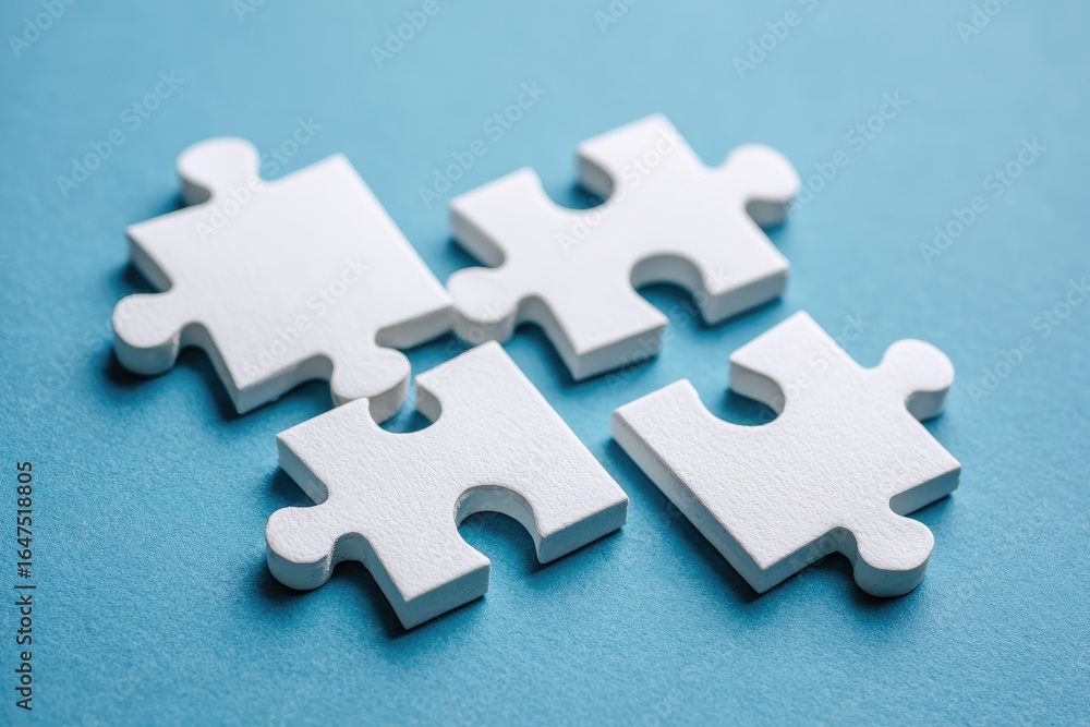 Fototapeta premium Four white puzzle pieces on a light-blue surface