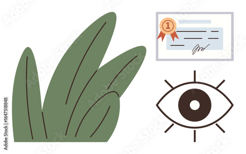 Leafy plant symbolizing growth, abstract eye for vision and focus, certificate with ribbon for success and recognition. Ideal for concepts thumbs up learning, nature, development, achievement, focus