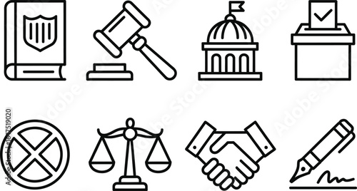 Law and Justice Outline Icons Set Featuring Legal Book Gavel Scales and Handshake