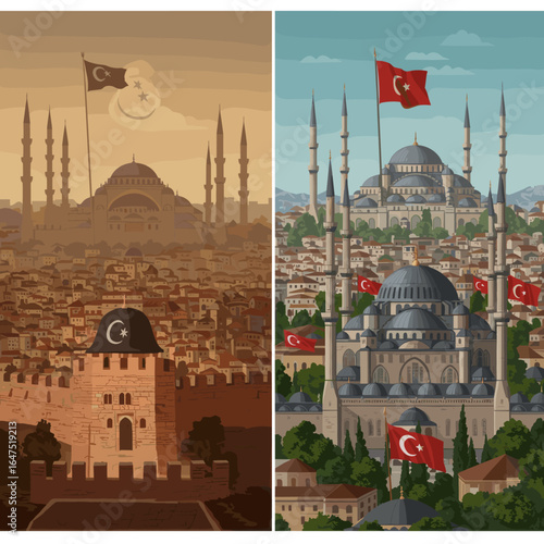 A side-by-side illustration showing two iconic Turkish mosques during different times of the day, one at dusk and one under bright daylight, with Turkish flags decorating the scene.