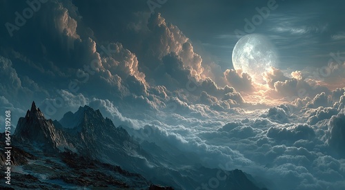 Black sky and blue glowing moon, floating city made of ancient ruins, a dark cinematic shot