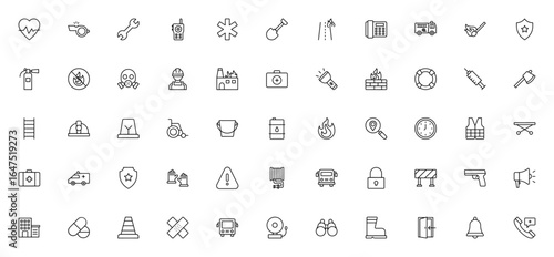 Emergency icon set. Vector first aid & safety symbols. Includes heart beat, fire truck, ambulance, shield, extinguisher, gas mask, siren, hard hat, life jacket and more. Editable line art.