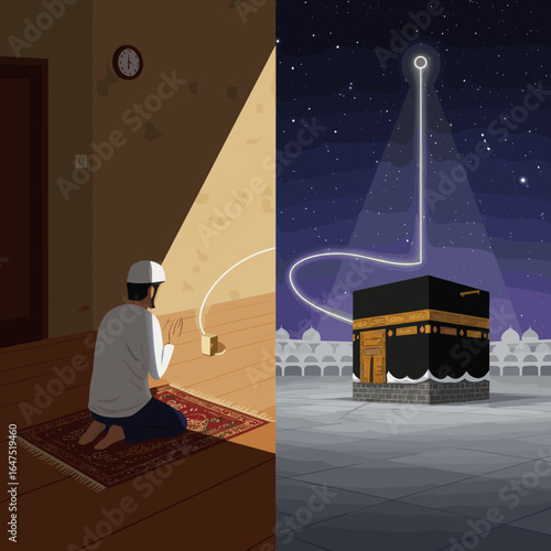 A detailed artistic illustration of the Kaaba at the center, surrounded by pilgrims and various mosque structures, representing the holy city of Mecca.