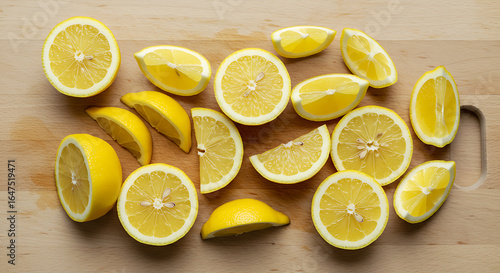 Fresh Lemon Slices on a Wooden Cutting Board, Perfect for Refreshing Drinks and Summer Recipes, Captured in a Crisp and