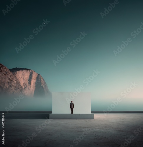 A minimalist and mysterious scene: an empty cube with a person standing on the concrete floor next to it