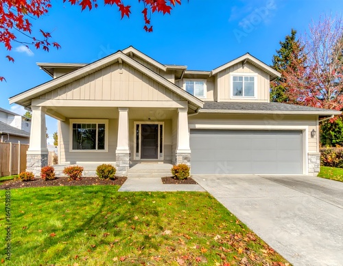 A classic two-story suburban home with tan siding and a grey roof, featuring a two-car garage and a walkway leading to the front door.