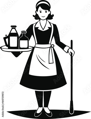 Housekeeper silhouette with mop and bucket, ready to clean