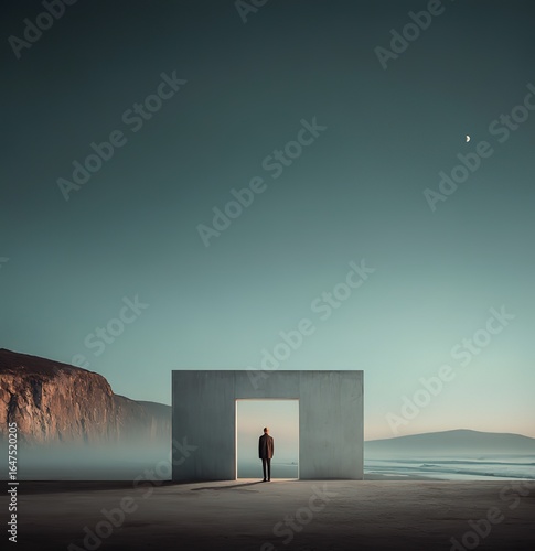 A minimalist and mysterious scene: an empty cube with a person standing on the concrete floor next to it