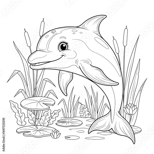 Joyful Dolphin in Aquatic Habitat: A playful, cartoon-style dolphin leaps cheerfully amidst a tranquil aquatic landscape, bordered by lush plants and serene waters, inviting a coloring adventure.
