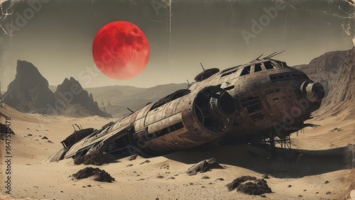 Rusty spaceship wreck in a desert landscape under a blood moon