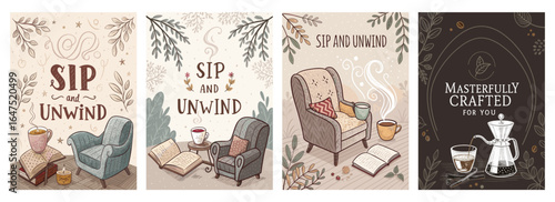 Two cozy chairs invite relaxation with books and steaming cups, perfect for sipping and unwinding.
