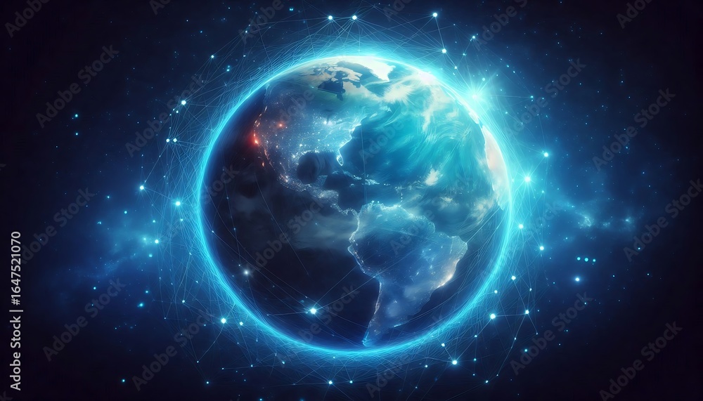 Fototapeta premium Global network connectivity showing Earth illuminated with connections between continents depicting data transfer and digital communication across the world in a vibrant blue hue