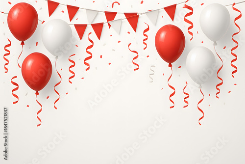 Red and White Party Background with Balloons, Confetti, and Bunting