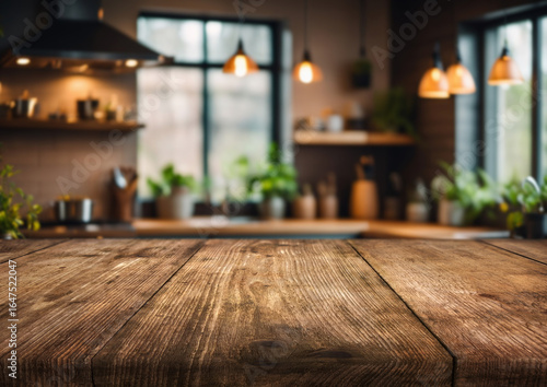 Foto Rustic wooden table in a cozy kitchen filled with plants and warm lighting at ev