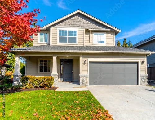 A classic two-story suburban home with tan siding and a grey roof, featuring a two-car garage and a walkway leading to the front door.
