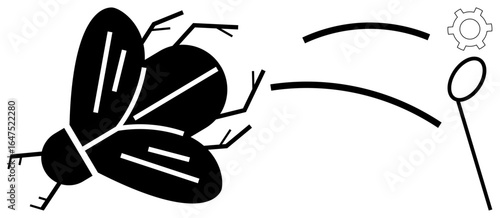 Stylized illustration of a fly in movement, a swatter, and a gear. Ideal for pest control, action, strategy, maintenance, process optimization, agility and a simple landing page