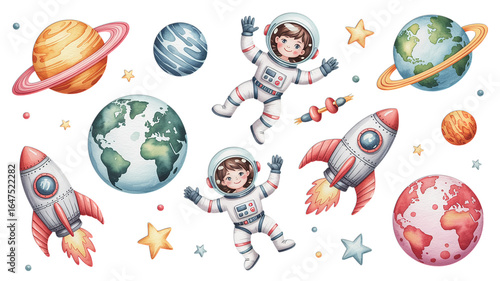 Watercolor space scene with astronauts planets and rocket ships
