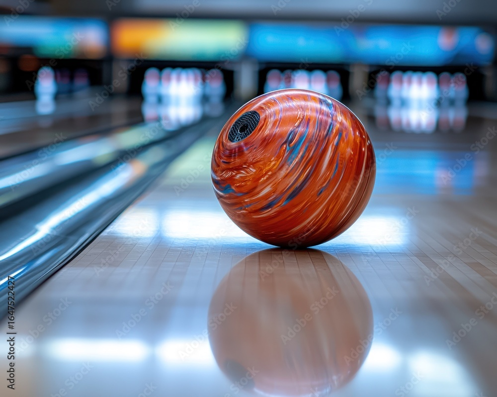 Fototapeta premium Bowling ball rests on lane. Colorful ball, orange and blue swirls, on polished wooden lane. Blurred bowling pins and lane. Ambient lighting