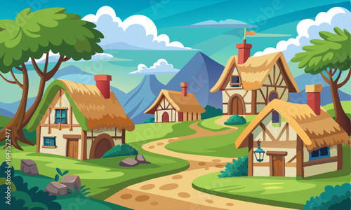 Download A Medieval Village With Thatched Cottages Vector Illustration . This Icon Concept Isolated Premium Vector. Flat Cartoon Style Svg File For Design.