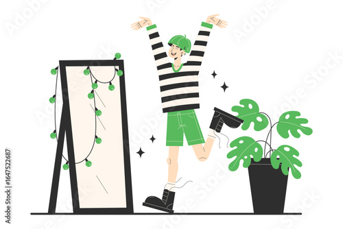 Young happy man dressing up in front of mirror self expression LGBT casual style flat style illustration