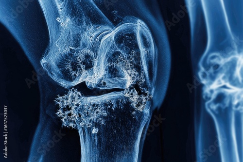 X-ray image of a diseased knee joint.  Degenerative changes visible