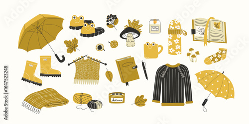 Large Autumn Fall Elements Set in Flat Style with Rubber Boots Umbrella Mushrooms Leaves Slippers Book Thermos Cup Hot Drink Sweater and Pumpkin for Cozy Seasonal Illustration and Thanksgiving Design