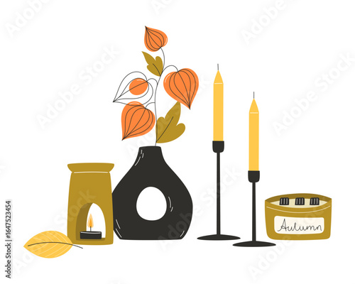 Flat Style Illustration of Vase with Japanese Lantern Plant Physalis and Decorative Aromatic Candle for Cozy Autumn Fall Home Interior Decor and Seasonal Greeting Cards
