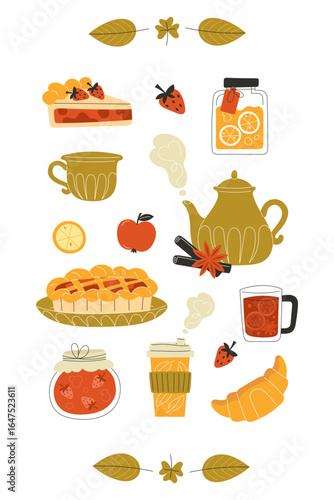 Autumn Fall Flat Style Poster with Kitchen Elements and Sweet Pastries for Seasonal Baking, Cafe Decoration, Thanksgiving Greeting Cards, Wall Art and Cozy Home Interior Design