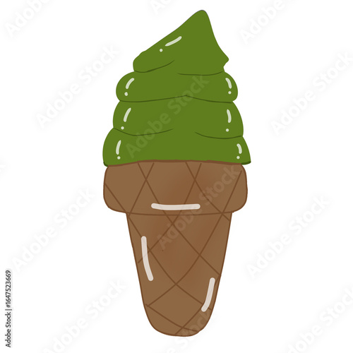ดีไซน์ที่ยังไม่ได้ตั้งชื่อ - 28Hand-drawn illustration of matcha green tea soft serve ice cream in a waffle cone.