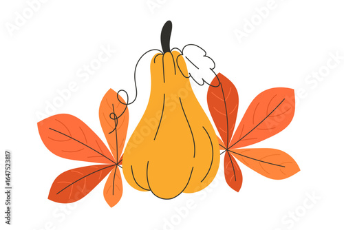 Autumn Fall Flat Style Illustration of Yellow Pumpkin Surrounded by Red Chestnut Leaves