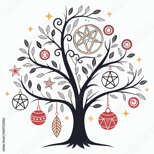 An alchemy Christmas tree with transmutation ornaments. This magical and mystical design is perfect for unique and fantasy-themed holiday projects with a mysterious feel.