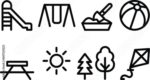 Set of Playground Elements Icons | Slide, Swings, Sandbox, Ball, Table, Sun, Trees
