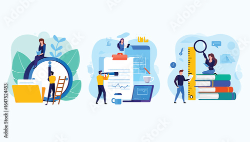 A team of developers and designers collaborating on building a website. Web development, programming, and UI design concept in a flat vector illustration style.