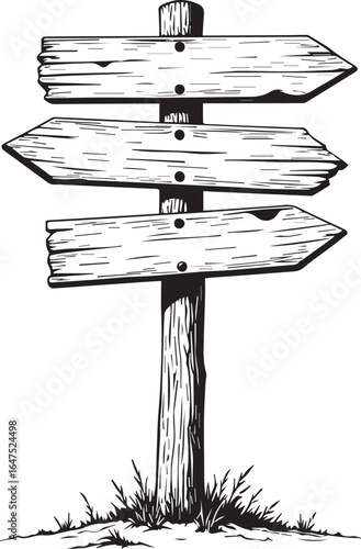 Wooden Signpost: This image showcases a rustic, hand-drawn wooden signpost featuring three directional arrows. Perfect for representing choices, decisions, and guidance.