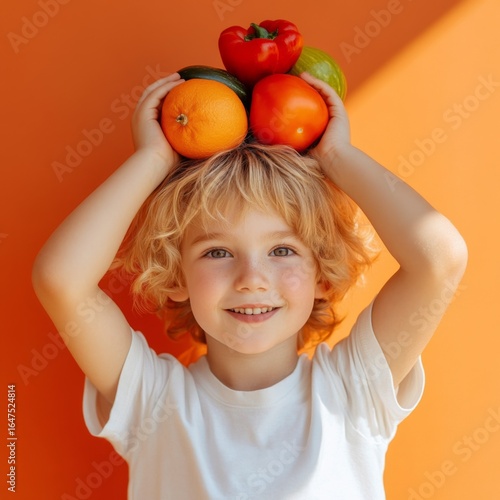 Boy enjoying fresh vegetables supporting healthy eating for kids by balancing colorful fruits and vegetables on his head in a vibrant setting