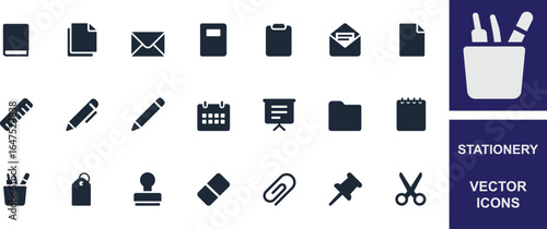 
Stationary solid  vector icons showcasing essential stationery and office supplies, perfect for business, education, and creative design projects in various formats.