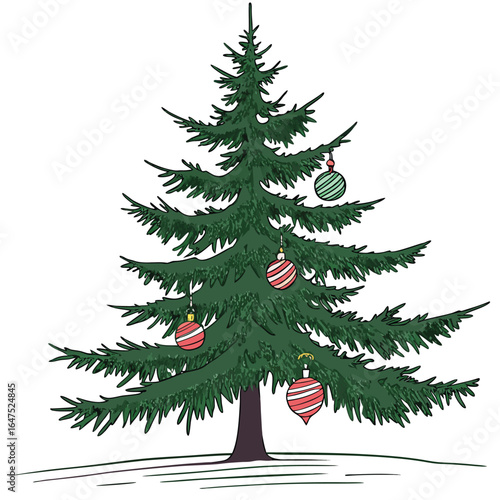 Beautiful ornaments adorning a tall evergreen tree. This festive and detailed image is perfect for holiday designs, conveying the joy and tradition of decorating the tree.