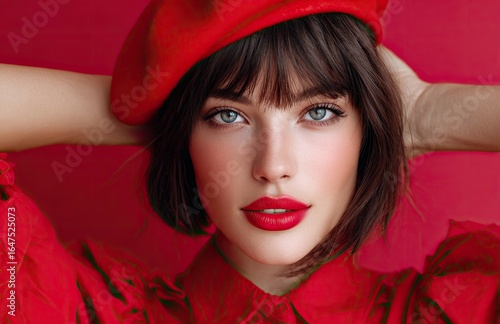 A woman with a dark bob haircut and bangs, wearing red lipstick and a beret, poses against a vibrant solid-color background