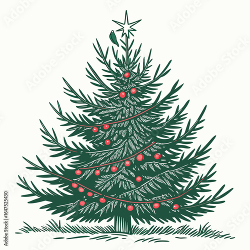 A bushy Christmas tree with thick foliage. This classic and full illustration is perfect for traditional holiday designs, conveying a sense of abundance and festive cheer.
