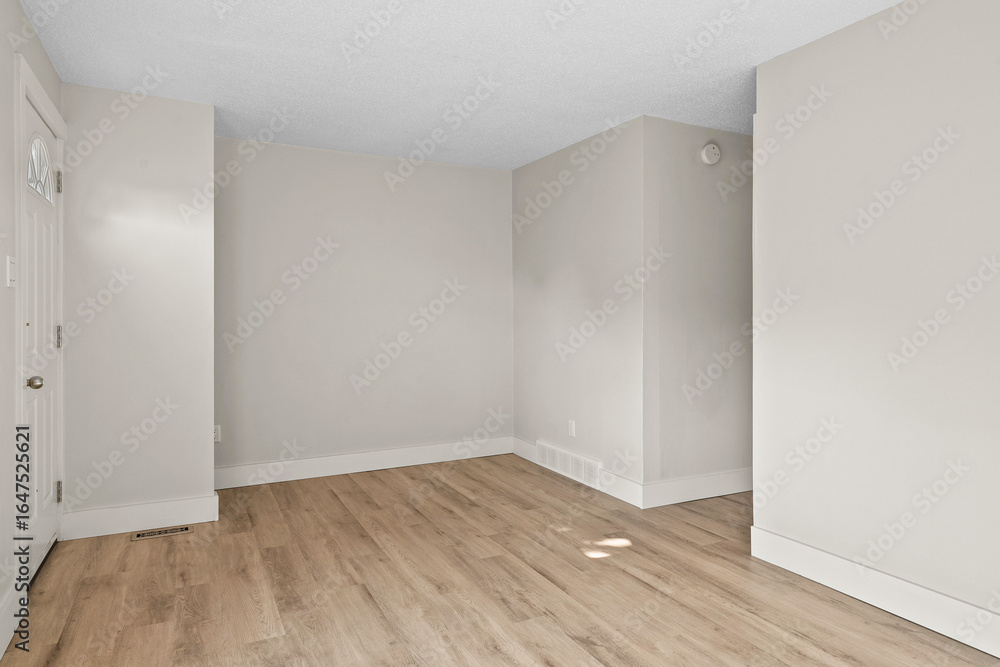 Fototapeta premium Large, empty room with a white wall and wooden floors